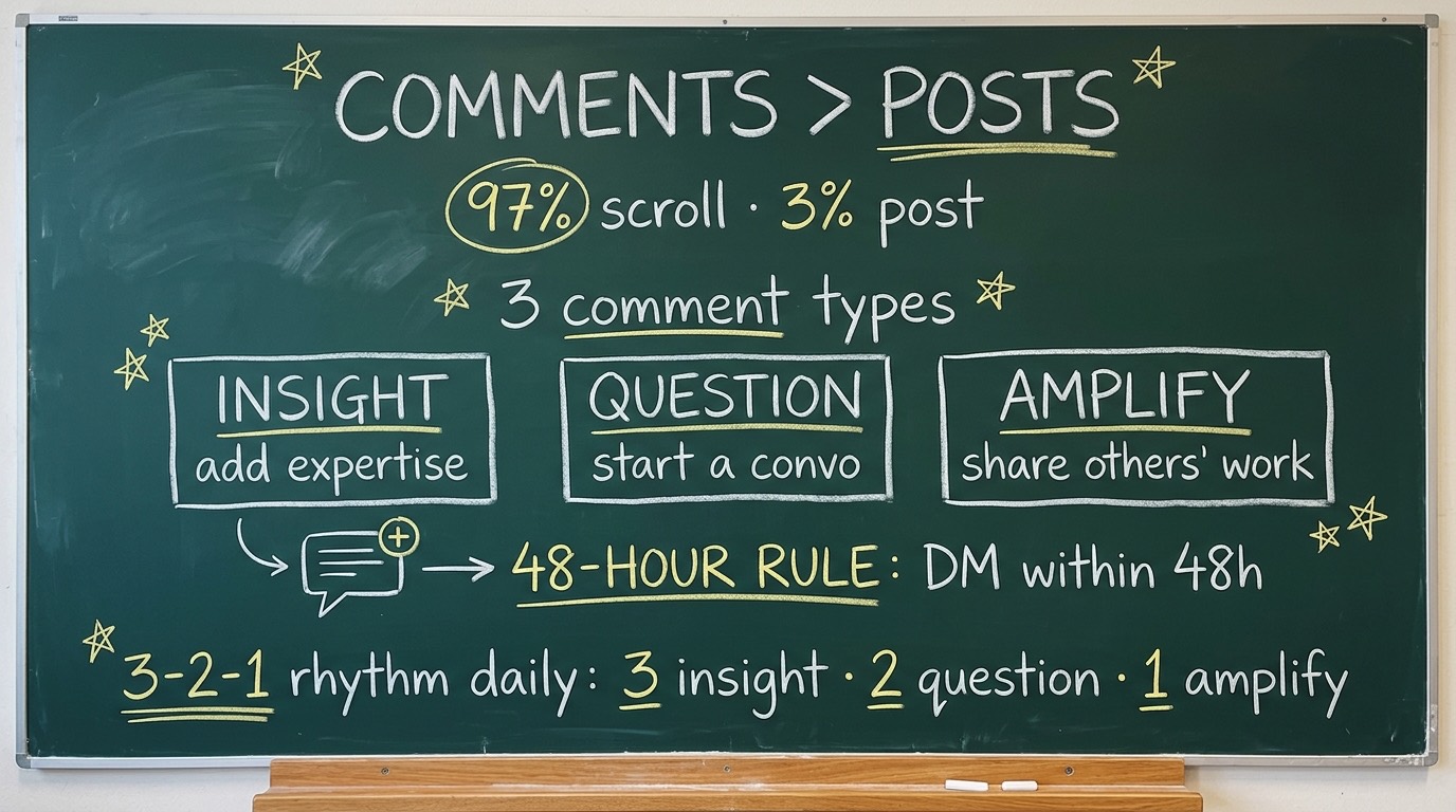 Chalkboard-style summary of the LinkedIn commenting strategy