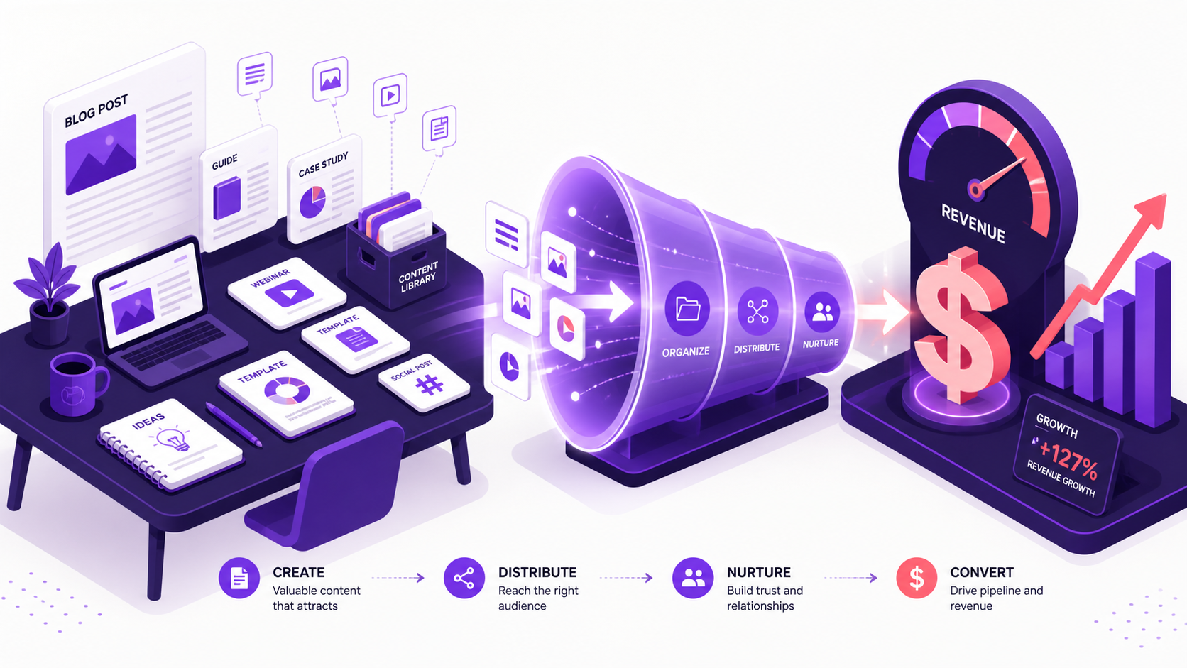 Isometric illustration of content assets flowing through a pipeline into a revenue gauge