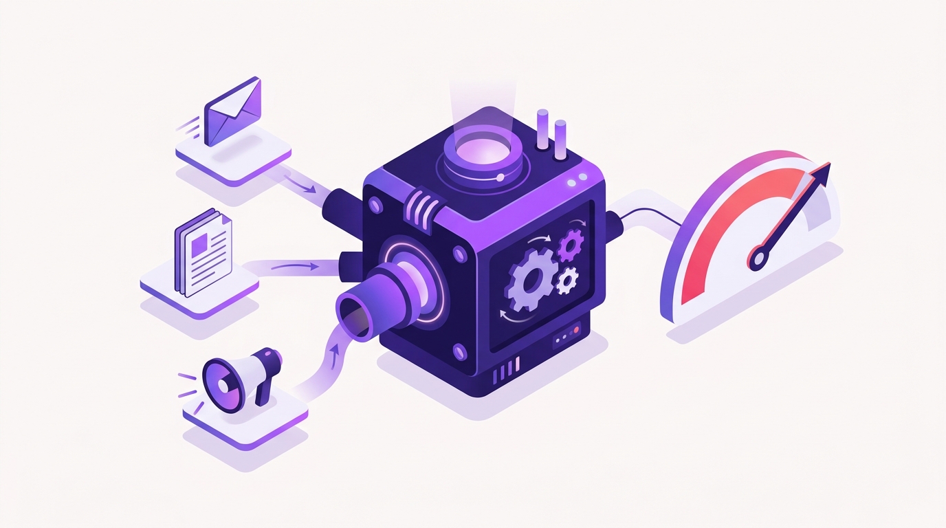 Isometric illustration of a demand generation engine with three marketing channels funneling into a central machine that feeds a growing pipeline gauge