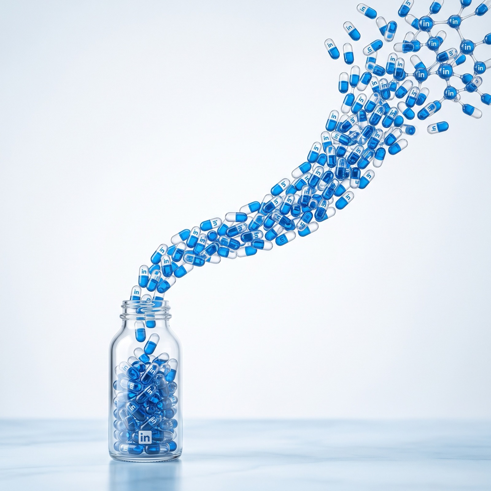 LinkedIn blue glass capsules rising in a growth arc, employee advocacy network