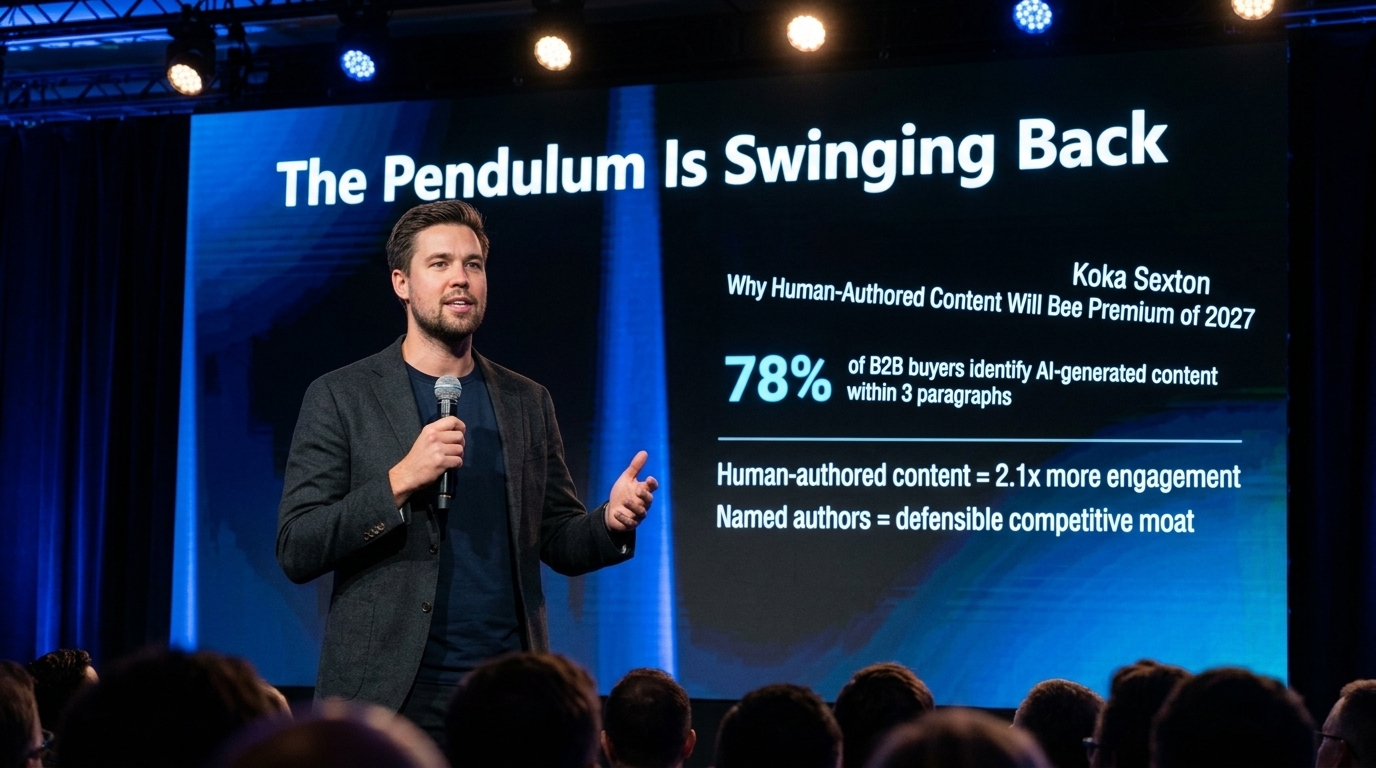 Koka Sexton keynote at tech summit about human-authored content as premium in 2027