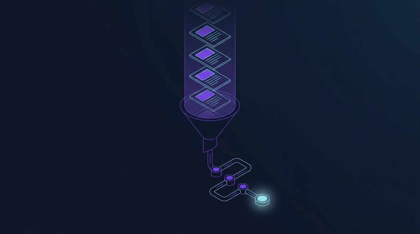 Newsletter editions flowing through a funnel into connected pipeline stages