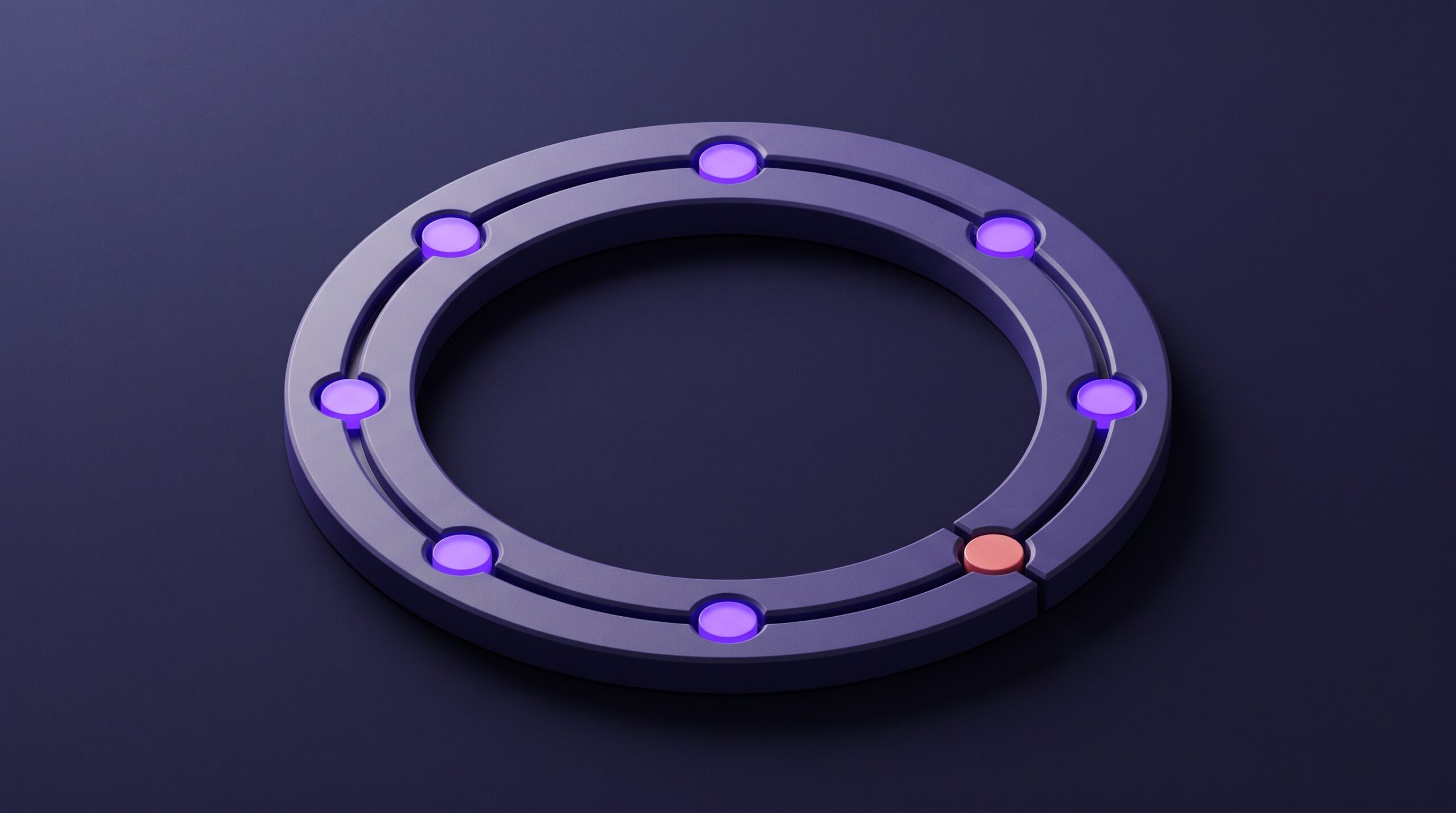 Ceramic loop with six glowing nodes, one coral node closing the loop back to the start