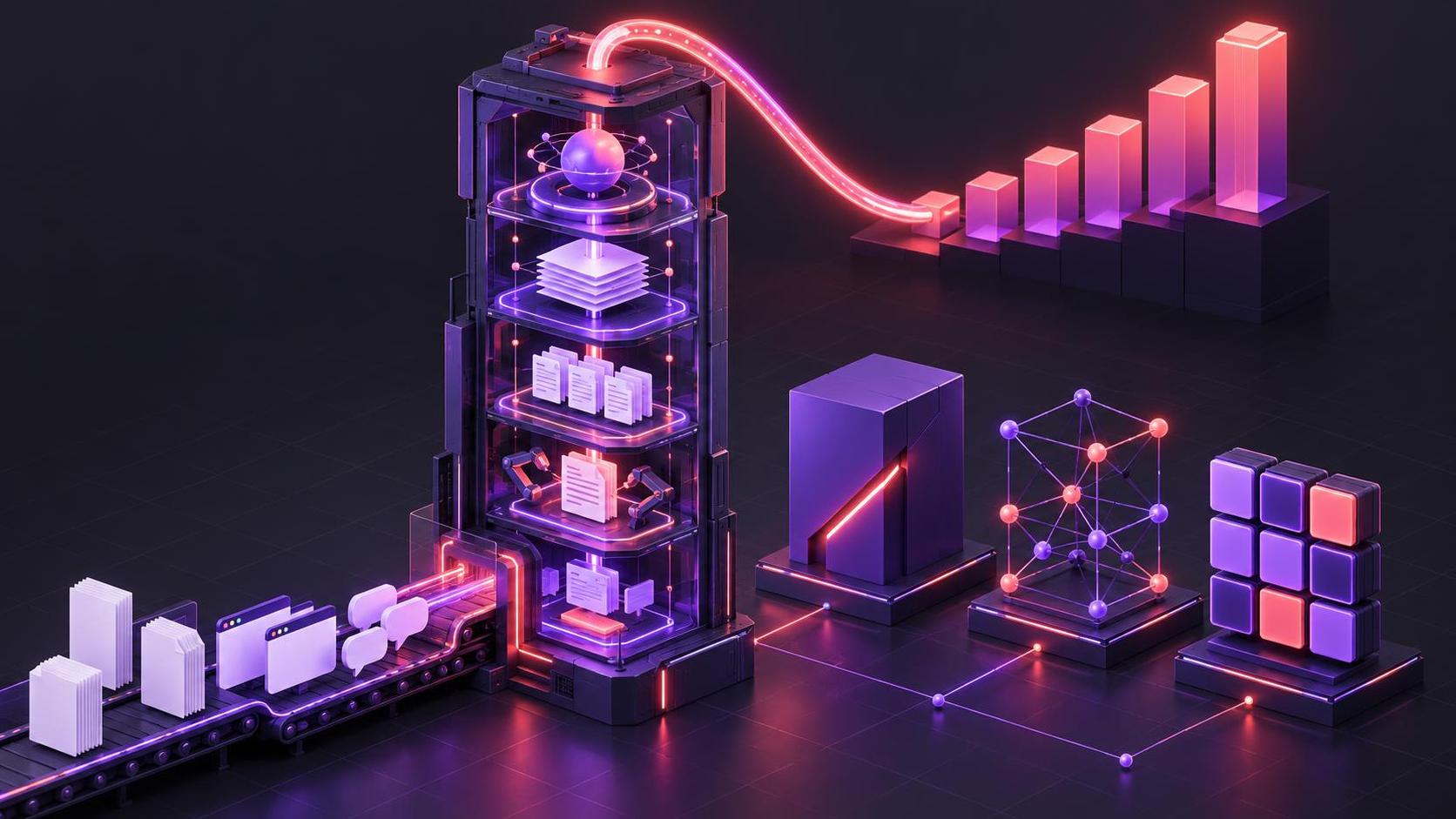 Editorial illustration of an AI content operating system: inputs flowing through processing layers into rising revenue bars, with three platform architecture modules beside it.