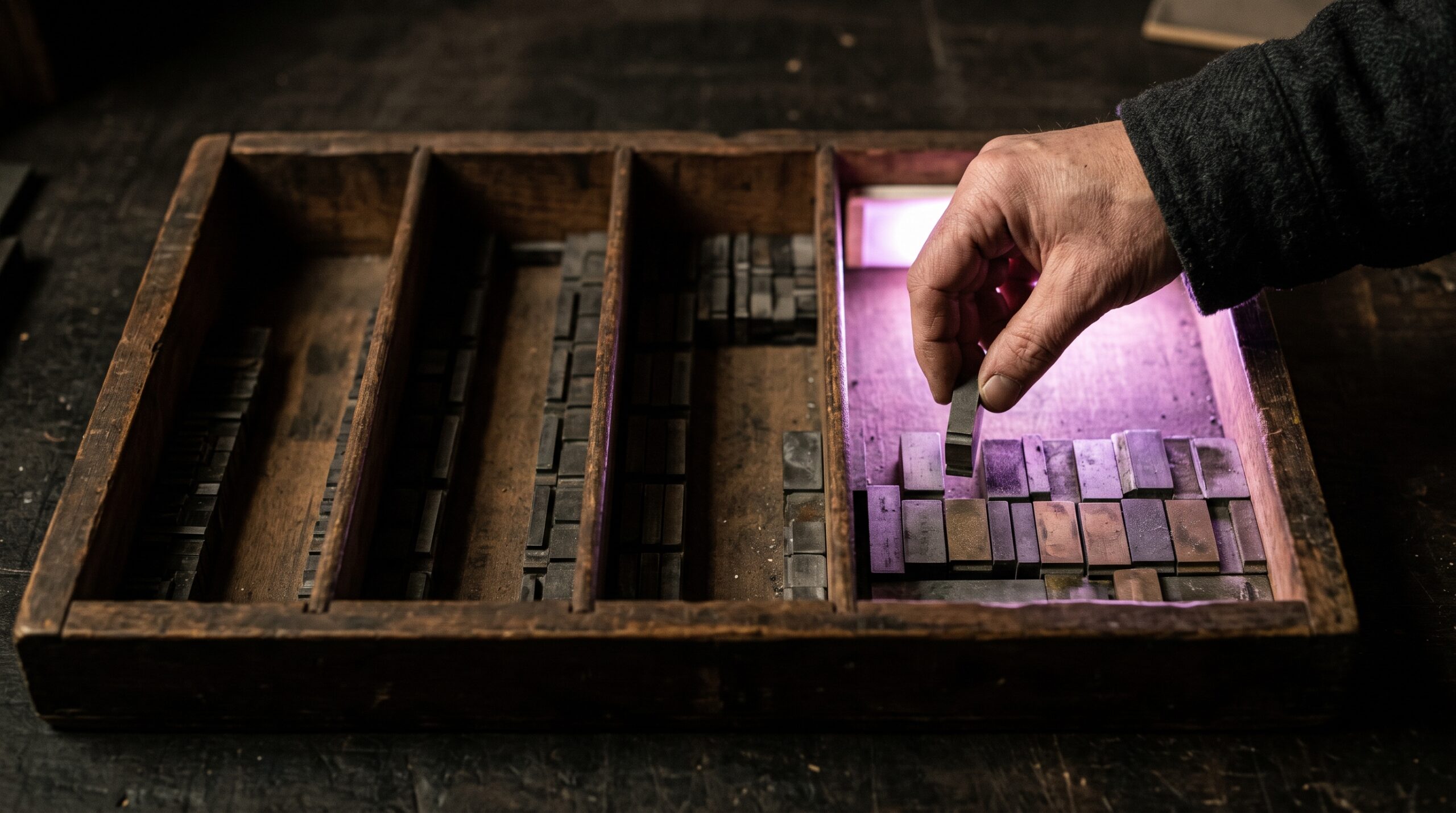 A hand sorting blank metal letterpress type blocks into five compartments, with the fifth lit in violet